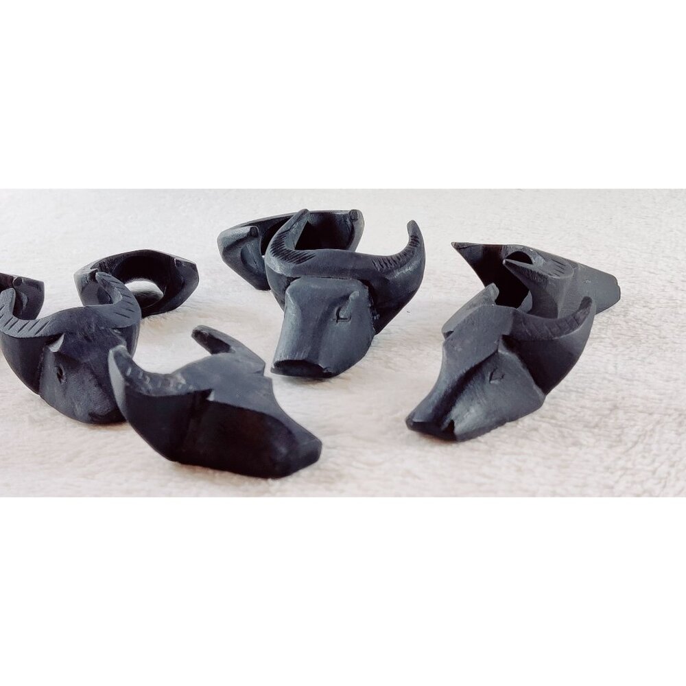Water Buffalo Napkin Rings Hand Carved Hard Wood Black Set of 8 Vtg MCM Bull Hds - Picture 3 of 10